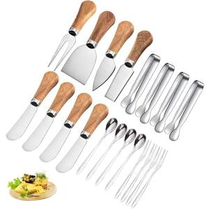 Cheese Knives Set with Wooden Handle,Mini Serving Tongs Spoons Forks Toothpick Flags for Party Christmas 14PCS