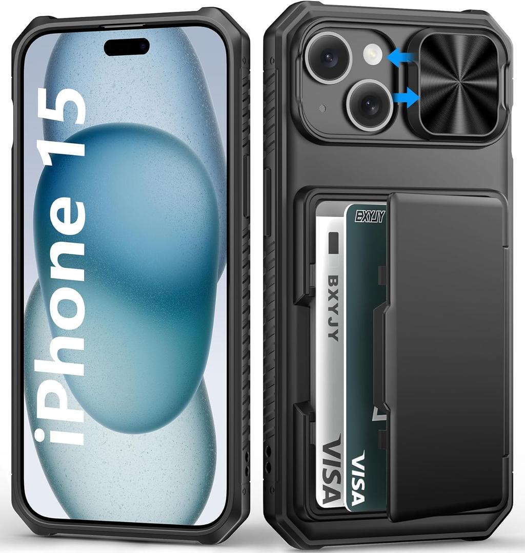 BXYJY for iPhone 15, iPhone 14, iPhone 13 Wallet Case with Card Holder(4-5 Cards), Slide Camera Cover, Military Drop & RFID Protection, Heavy Duty Women Men Phone Case for iPhone 15/14/13, Black