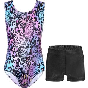Nymphperi Girls Gymnastics Leotards 2 Piece Shiny Sleeveless Bodysuits with Sparkly Breathable Shorts Suit