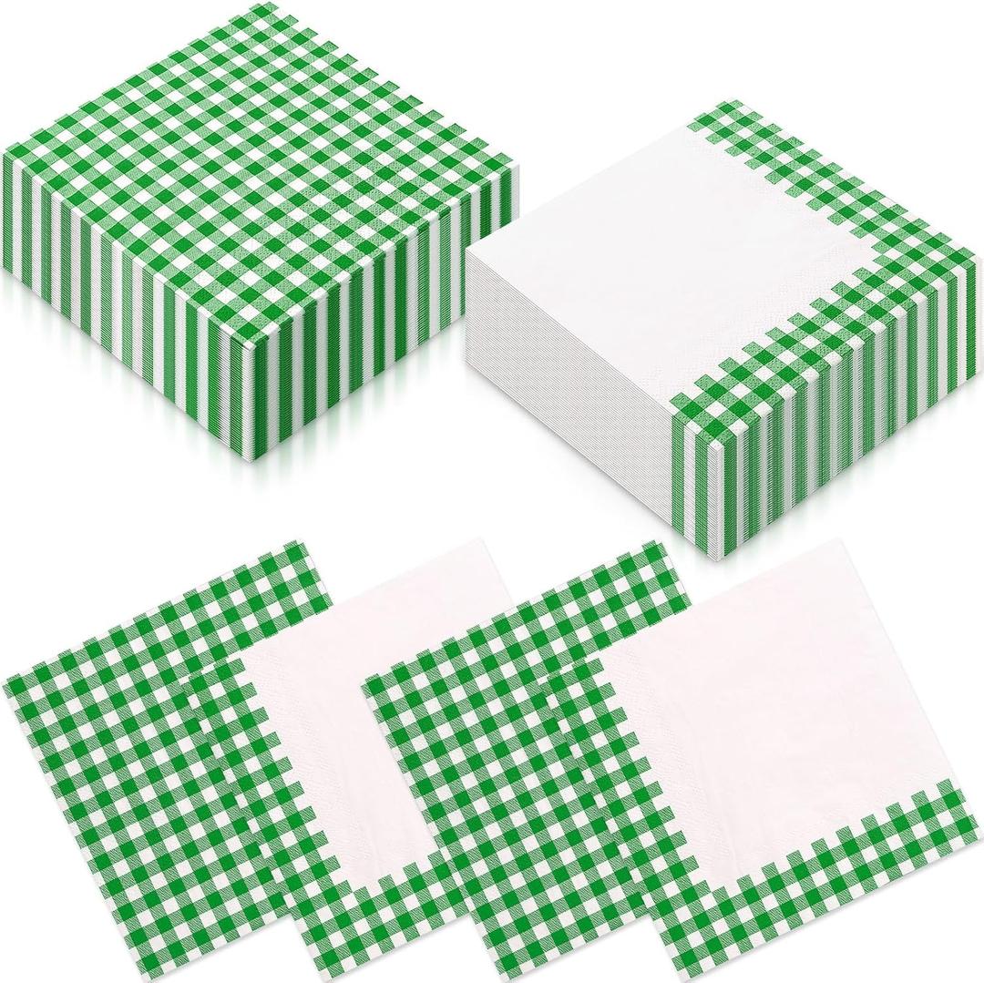 Resurhang Green White 100 Pcs Checkered Napkins Gingham Plaid Tissue Disposable Napkins Picnic BBQ Party Supplies for Spring Summer Party Supplies (2 Styles)