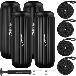 Boat Fenders 4 Pack 10 x 28 Inches Ribbed Center Hole Boat Fenders Bumpers for Docking, Comes with Ropes and Pump to Inflate , Obsidian Black