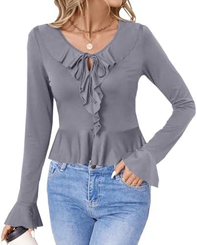 olrain Women Long Flare Sleeve V Neck Tie Front Pan Collar Ruffle Hem Blouse Ribbed Spring Fall Outfit Cute Going Out Tops, XXL