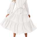 MASCOMODA Womens Dresses 2025 Fall Long Sleeve Midi Dress Casual V Neck Button Down Tiered Flowy Aline Tie Waist Shirt Dress (Large, White)