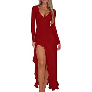 XXTAXN Women's Sexy Elegant V Neck Long Sleeve Ruffle Hem Split Party Prom Maxi Dress Red (Red, S)