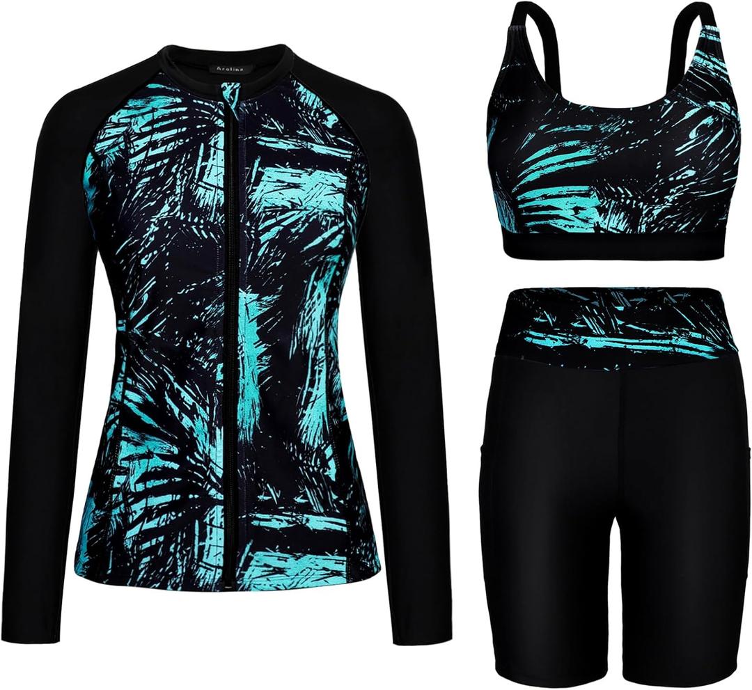Arolina Womens Rash Guard Long Sleeve Swim Shirts Swimsuit 2026 Bathing Suit with Womens Swim Shorts & Two Pockets, Large