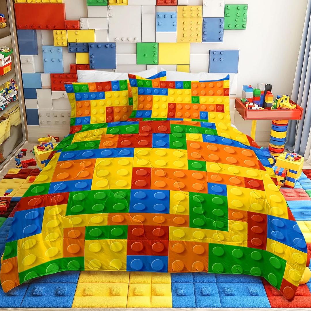 BlessLiving Kids Building Blocks Bedding: All-Season Soft Brushed Microfiber Comforter Set with 2 Pillow Cases - 3-Piece Machine Washable Twin Quilt Set for Boys & Girls (11)