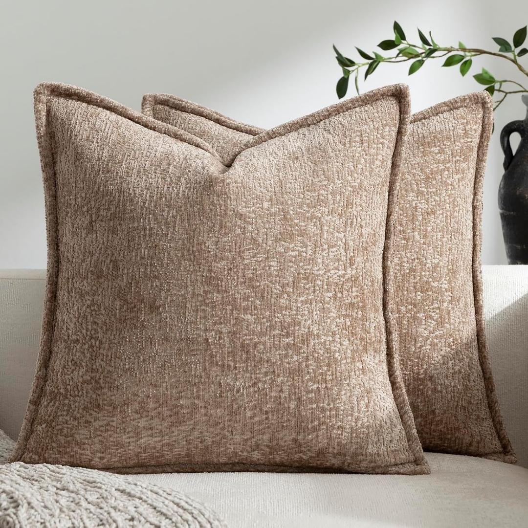Pack of 2 Khaki Decorative Throw Pillow Covers 20x20 Cozy Soft Chenille Accent Vintage Square Couch Pillow Covers for Home Decor Bed Sofa Living Room