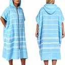 1pcs Zipper Surf Poncho Cotton Turkish Towel Beach Cover Up Changing Robe with Hood and Front Pocket Absorbent Wearable Towel Hooded Beach Towel for Adult Man Women Beach Pool (Blue, L)