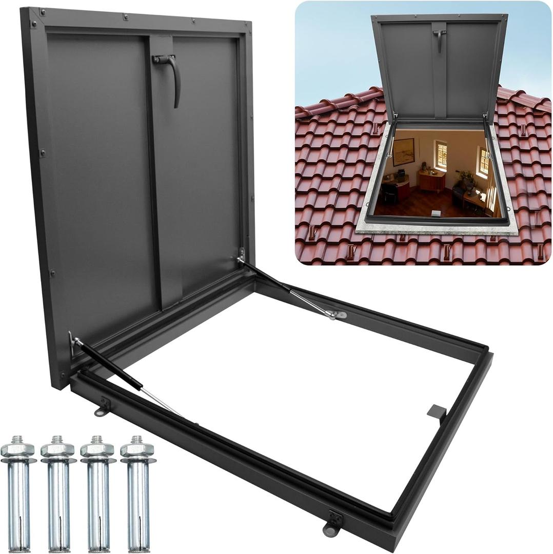 Thickened Roof Access Hatch, RV Roof Steel Security Door, Attic Access Door, with Hydraulic Support Rod and Switch Type Handle, Galvanized Powder Coated, 23.6" L X 23.6" W