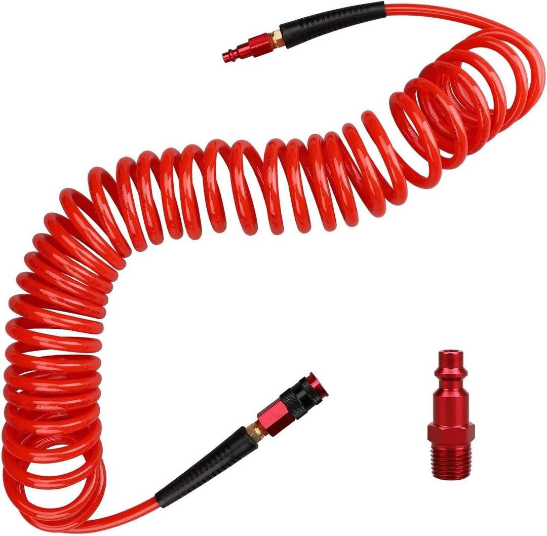 Hromee 1/ 4 in x 25 ft Polyurethane Recoil Air Hose with Bend Restrictors Compressor Hose with 1/ 4" Industrial Universal Quick Coupler and I/ M Plug Kit, Red