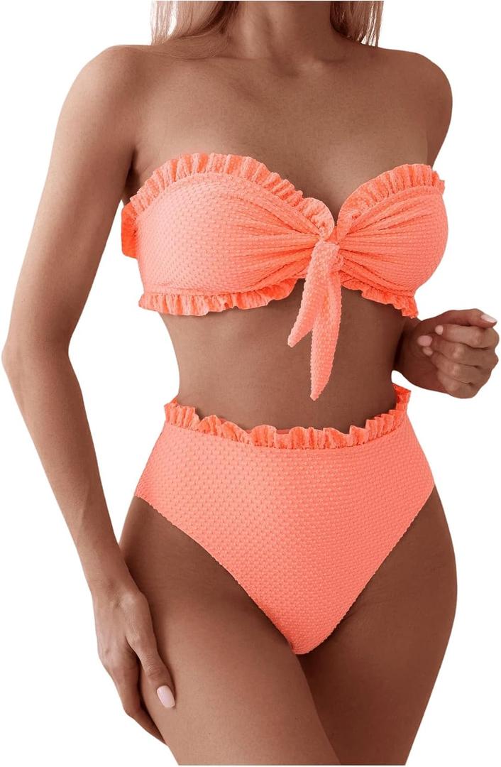 SOLY HUX Women's Ruffle Strapless Bikini Set 2 Piece Bandeau Swimsuit High Waist Bathing Suits Plain Orange, Small