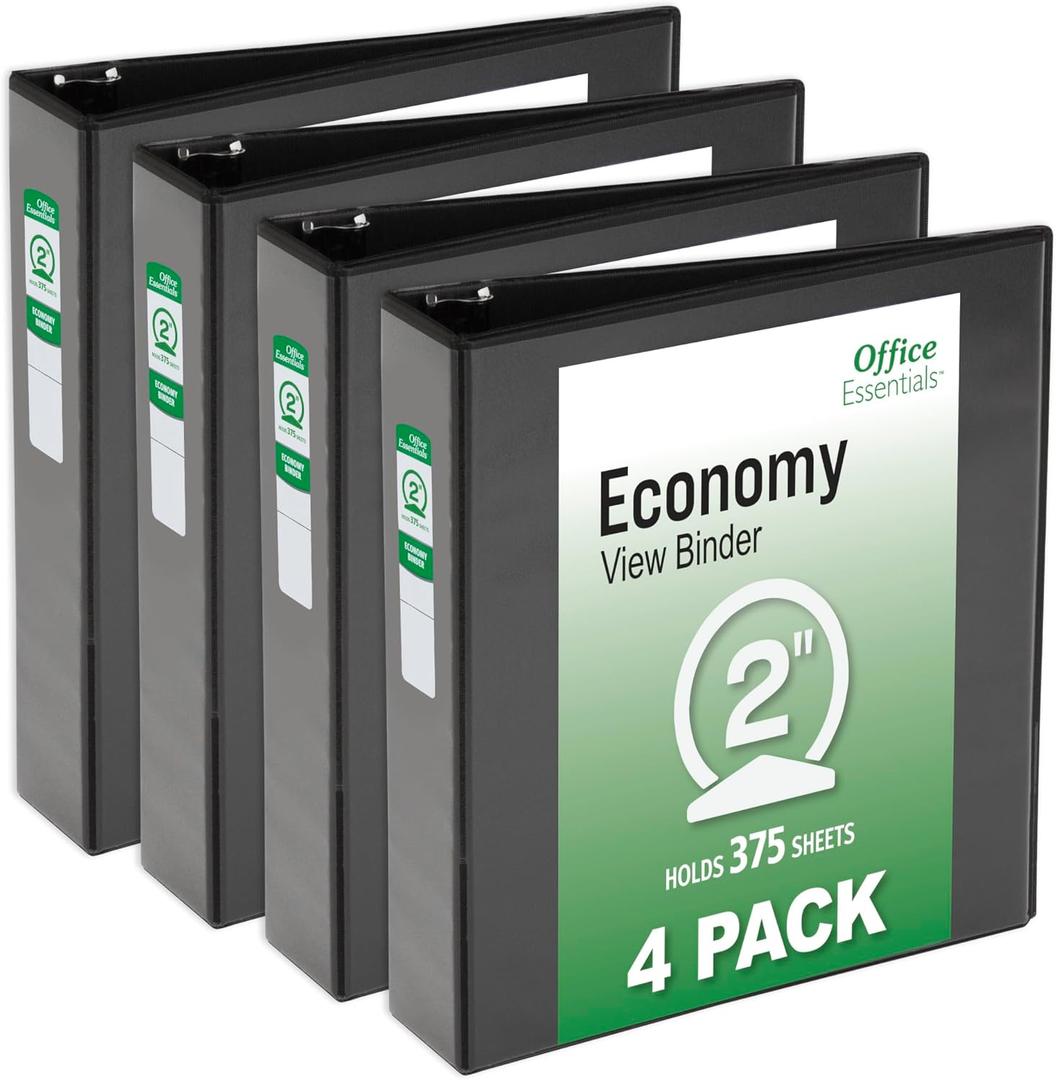Office Essentials Economy View 3 Ring Binders, 2" Round Rings, 2.8" Spine, 375-Sheet Capacity, Black Binders (4-Pack of 03147)