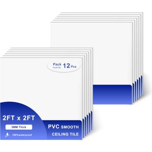 Smooth Drop Ceiling Tiles 2ft x 2ft - Waterproof, Fire-Rated, Easy Drop-in Installation - Premium PVC to Prevent Breakage - Ceiling Tiles 24" x 24", 12-Pack Cover 48 Sq. Ft, White