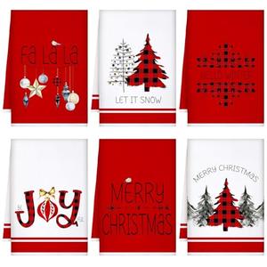 Geyoga 6 Pcs Merry Christmas Kitchen Towels Buffalo Plaid Xmas Tree Dish Towels Hand Towel Tea Towel Absorbent Soft Drying Cloth for Holiday Housewarming Gifts, 16x24 Inch(Red White)