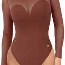 Popilush Long Sleeve Body Suits Wpomens Tummy Control Mesh Shapewear Corset Bodysuit Sheer Going Out Tops Fall Outfits Brown S