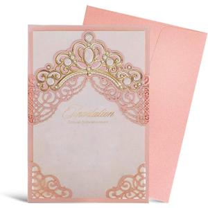 Hosmsua 50PCS Blank Pink Quinceanera Invitations Kit 5x7.3 Inch Laser Cut Floral Gold Crown Pocket Quinceanera Invitation Cards with Envelopes for Birthday Bridal Shower Invite
