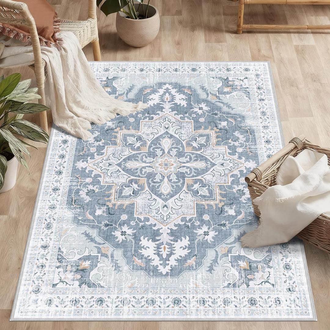 3x5 Washable Rug, Soft Non-Slip Vintage Medallion Rug, Low-Pile Printed Indoor Throw Rugs for Entryway, Kitchen, Bedroom Bedside, Entrance- Blue/Gray