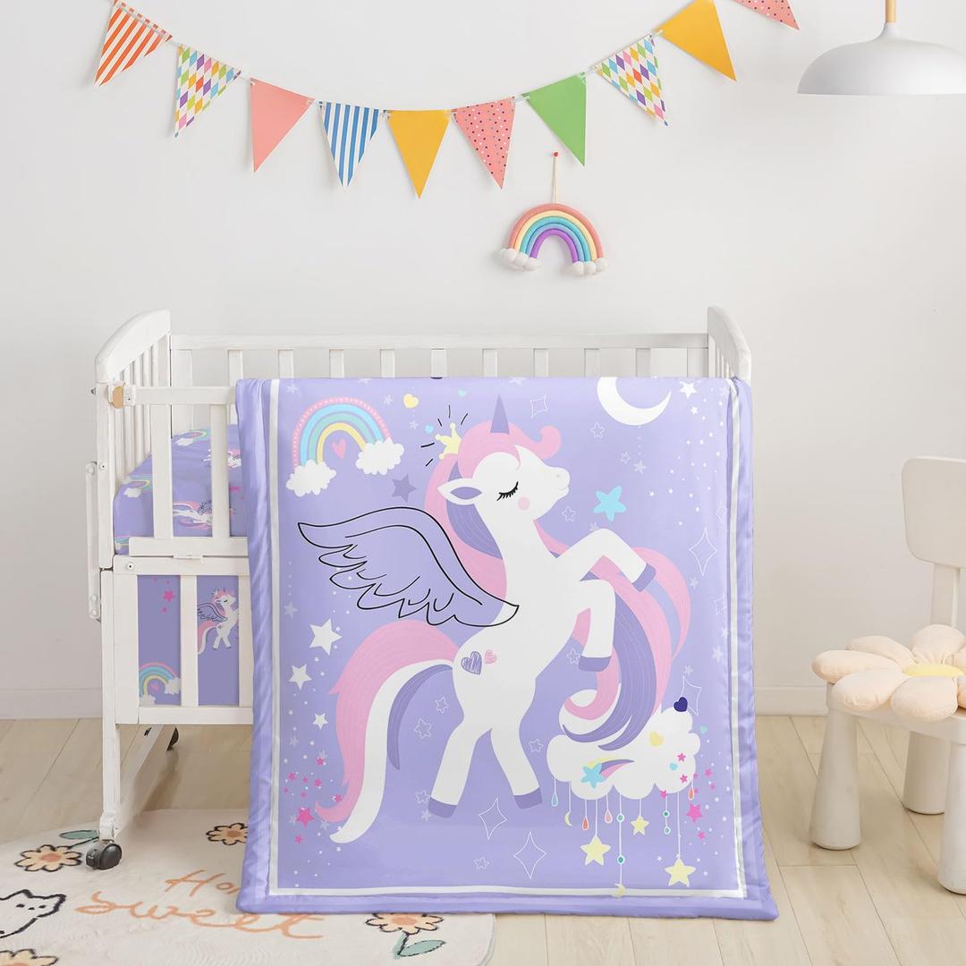 Datura home Crib Bedding Set, 3pcs Nursery Crib Bedding with Comforter Crib Sheet & Crib Skirt, Watercolor Rainbow Unicorn Printed Nursery Bedding for Baby Boys and Girls(Unicorn Purple)