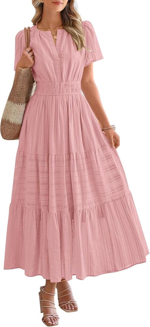 BTFBM Womens Summer 2026 Casual Midi Maxi Dresses Lightweight Short Sleeve V Neck Elastic Waist Boho Beach Dress Pockets (Pink). M Size