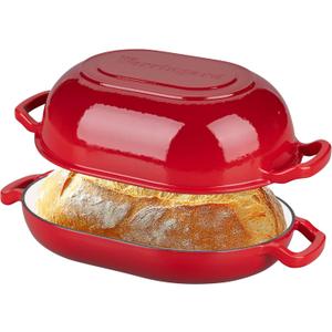 Enameled Cast Iron Sourdough Bread Oven, Dutch Oven, Loaf Cast Iron Bread Pan for Homemade Bread Baking, Meatloaf Pan with Lid, 7QT, Red