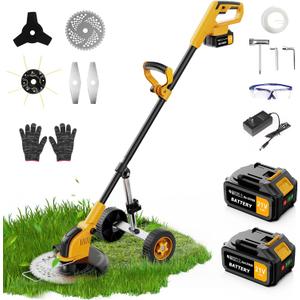 12-inch Electric Weed Wacker Cordless on Wheels, 21V 2 * 3000mAh Weed Eater Battery Powered,Cordless String Trimmer with Brushless Motor,Grass Trimmer and Brush Cutter with 4 Types of Blades for Lawn