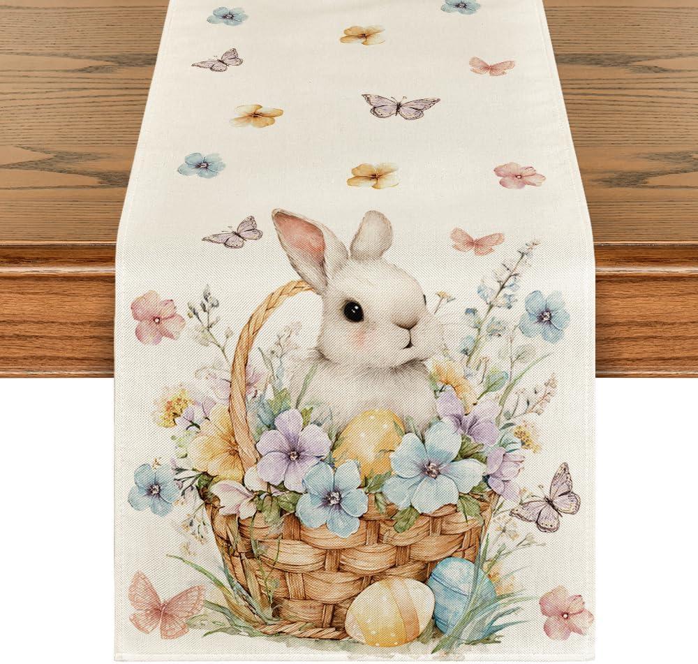 Artoid Mode Bunny Eggs Flowers Basket 210 GSM Easter Table Runner, Seasonal Spring Kitchen Dining Table Decoration for Home Party Decor 13x48 Inch (Beige)