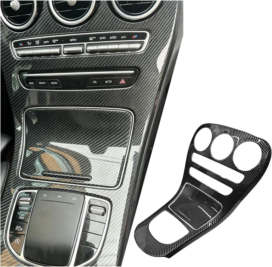 Update Full-wrap Center Console Gear Shift Panel Cover Compatible with Mercedes Benz C Class 2019-2021, Carbon Fiber Pattern Interior Accessories for GLC X253 2019-2021(Without Clock)
