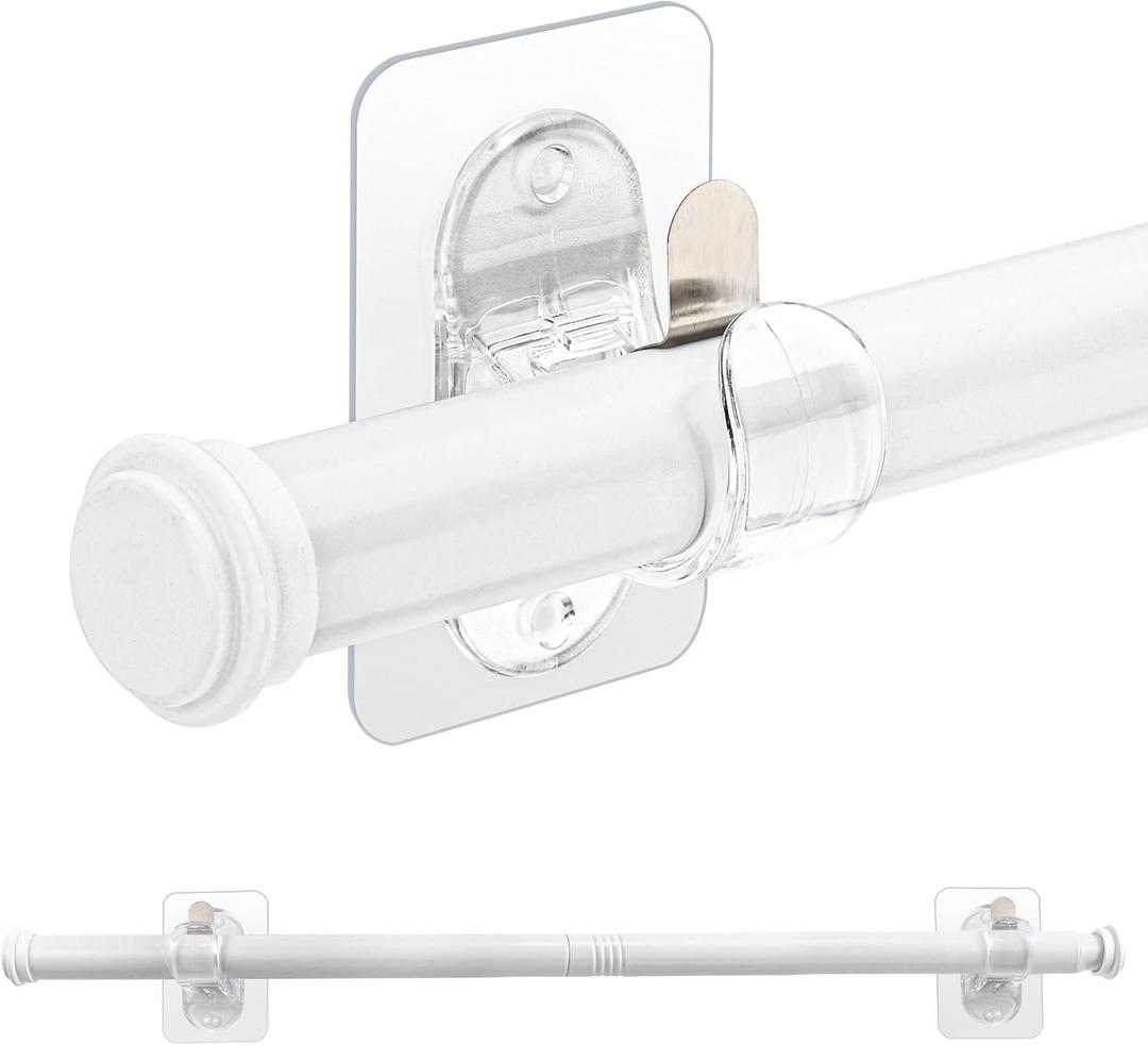 ANDGOO Curtain Rods No Drilling for Windows, 30 to 55 Inches White Renter Friendly Curtain Rod with Adhesive Holder Hook, Heavy Duty Clear Window Hangers for Apartment, Bathroom, Kitchen, Living Room
