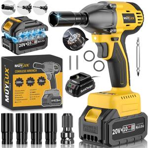 4.0Ah Battery Cordless Impact Wrench, Brushless 1/2 Impact Gun, 320Ft-lbs(430N.m) 20V High Torque Power Impact Driver, Electric Impact for Car Home