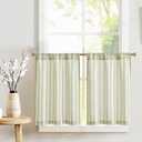 jinchan Striped Linen Kitchen Tier Curtain Farmhouse Cafe 30 Inch Small Window Balanced Stripe Half Window Curtains for Living Room Bathroom Laundry 3 Panels Green on Linen