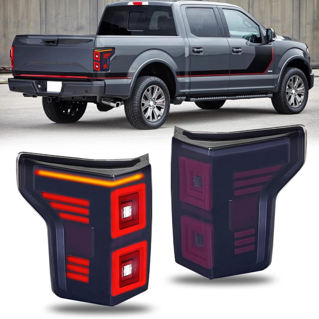 LED Taillights Smoked Lens Compatible with 2015-2021 Ford F150 w/Sequential Turn Light with Dynamic Animation Breathing DRL