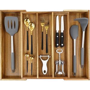 EcoFives Luxury Acacia Silverware Organizer -Kitchen Drawer Organizer - Utensil Holder and Cutlery Organizer with Grooved Drawer Dividers for Flatware and Kitchen Utensils (5 Slot)
