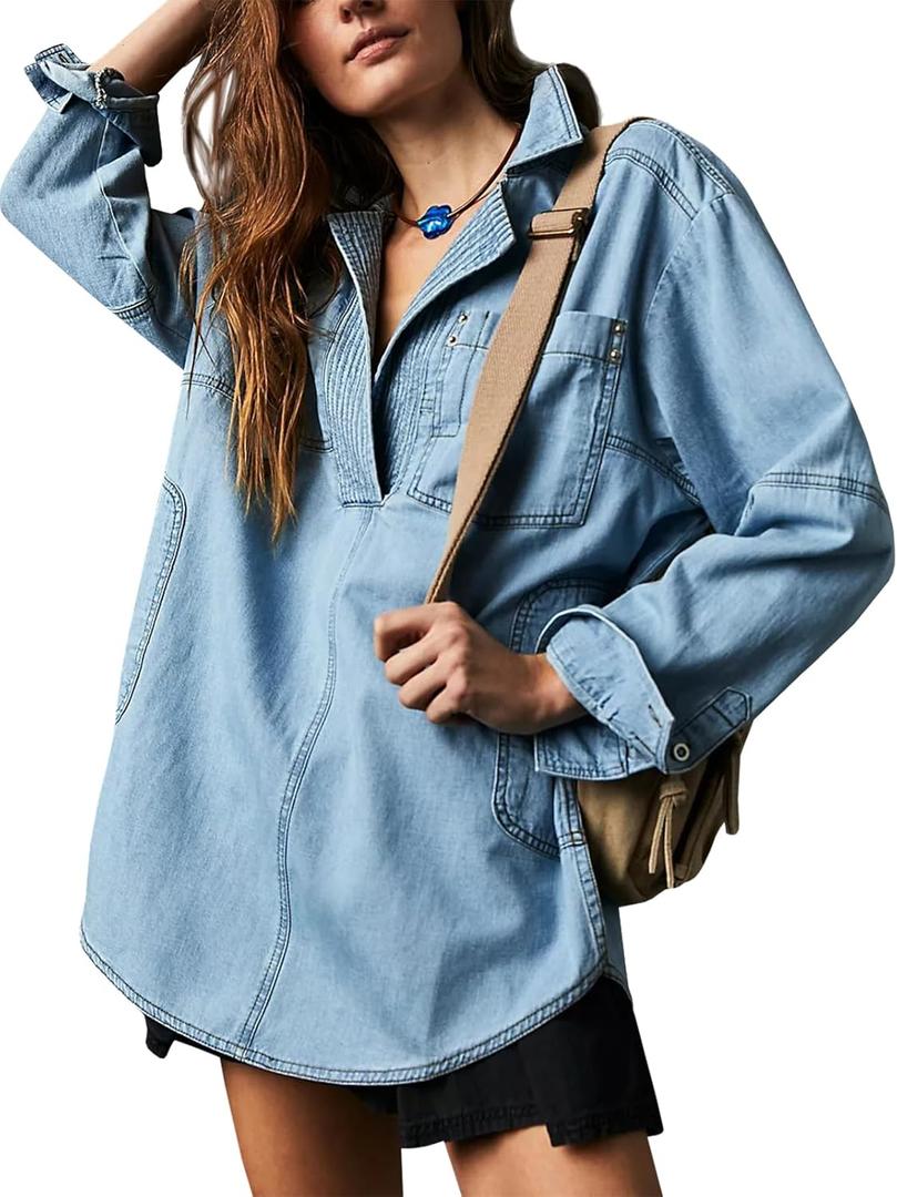 Fazortev Women's Denim Pullover Casual Button V Neck Blouse Loose Fit Long Sleeve Jean Jacket With Pocket (X-Large, Blue)