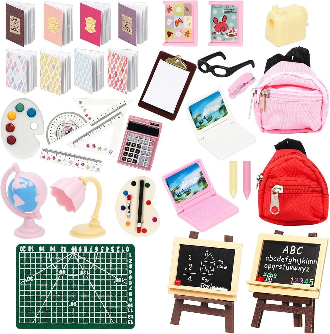 ONEST 34 Pieces Doll House School Supplies Mini School Accessories Dollhouse Toy Home Miniature Model DIY Doll Accessories