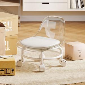 Low Rolling Stool with Wheels,Mini Rolling Garage Stool with Back Support,360° Rotating Floor-Friendly Wheels for Home, Office,Garage & Salon (Transparent White), 15.3" x 12.6" x 17.3"