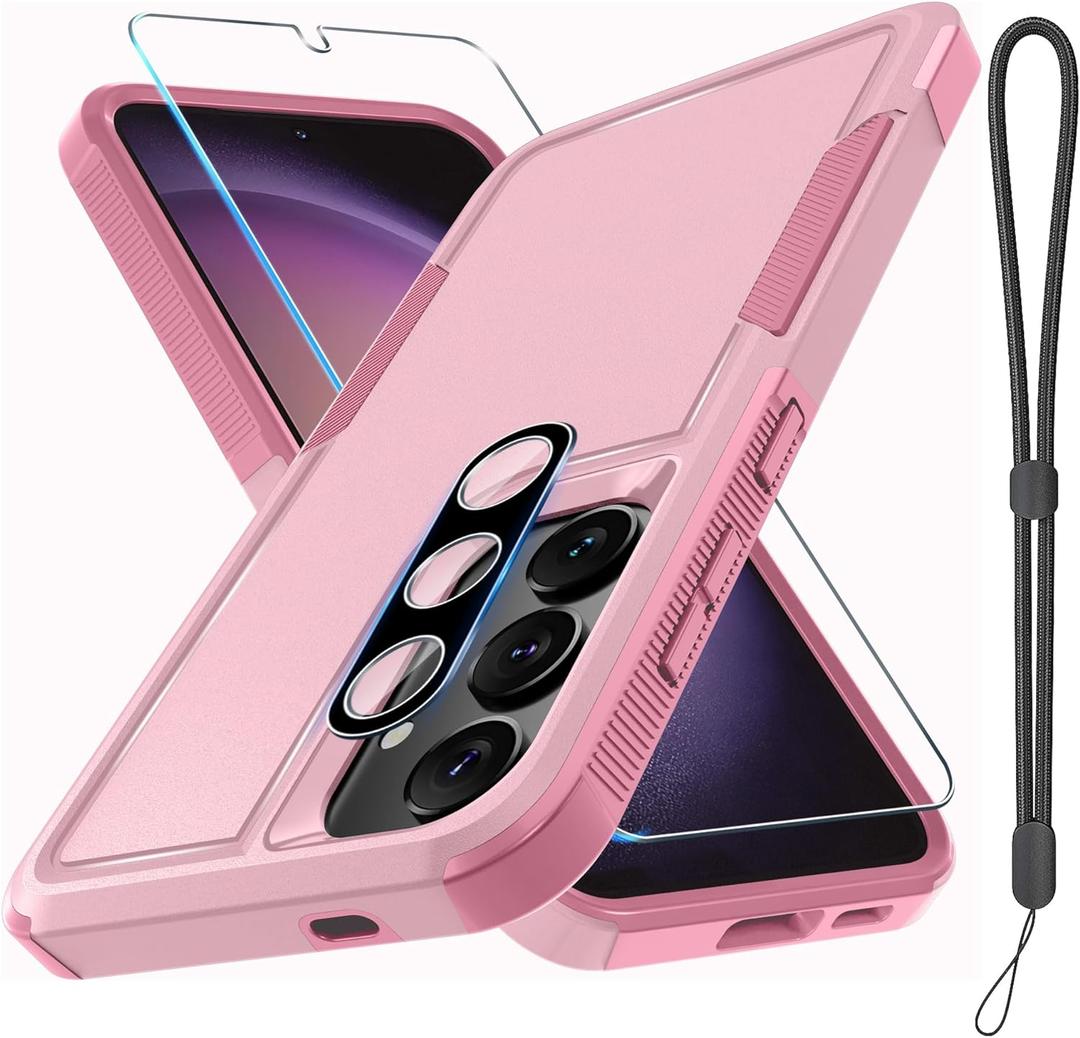 RMOCR Case for Samsung Galaxy S25, Full Body Heavy Duty Rugged Shockproof Protective Phone Cover with Lanyard Strap, Tempered Glass Screen Protector and Camera Lens Cover, Cute Pink