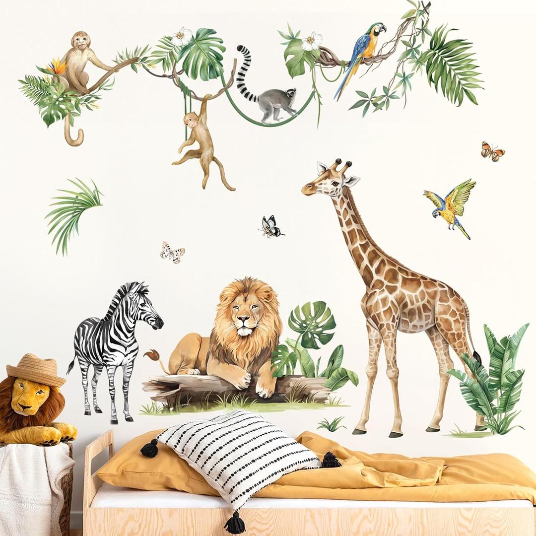 decalmile Large Jungle Animal Tropical Leaves Wall Decals Safari Tree Lion Giraffe Monkey Wall Stickers Baby Nursery Kids Bedroom Living Room Wall Decor
