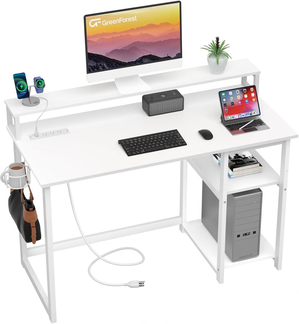 GreenForest 40 inch Computer Desk with Power Outlets, Small Home Office Desk with Ergonomic Monitor Stand, Reversible Gaming Desk, Modern Study Desk, Laptop Desk, Pure White