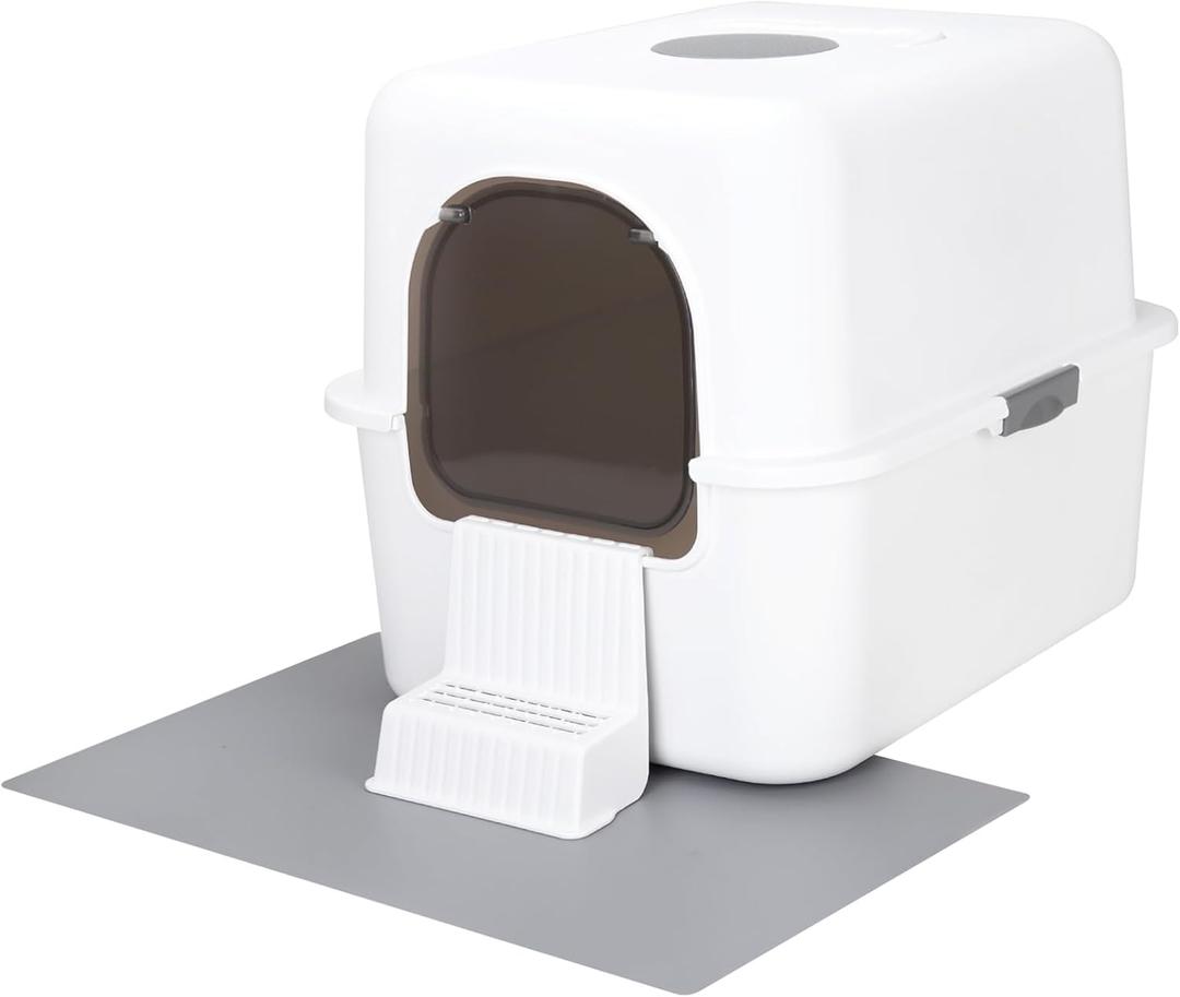 Urine Litter Box with Pedal for Small Cats Approx 8Lbs, Fully Enclosed Leak-Proof,High Edge and Odorless,Easy to Carry and Clean (White with Handle, S)