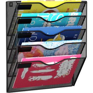 5 Pockets Mesh Hanging Wall File Holder Organizer Wall Mounted Paper Magazine Rack, Black