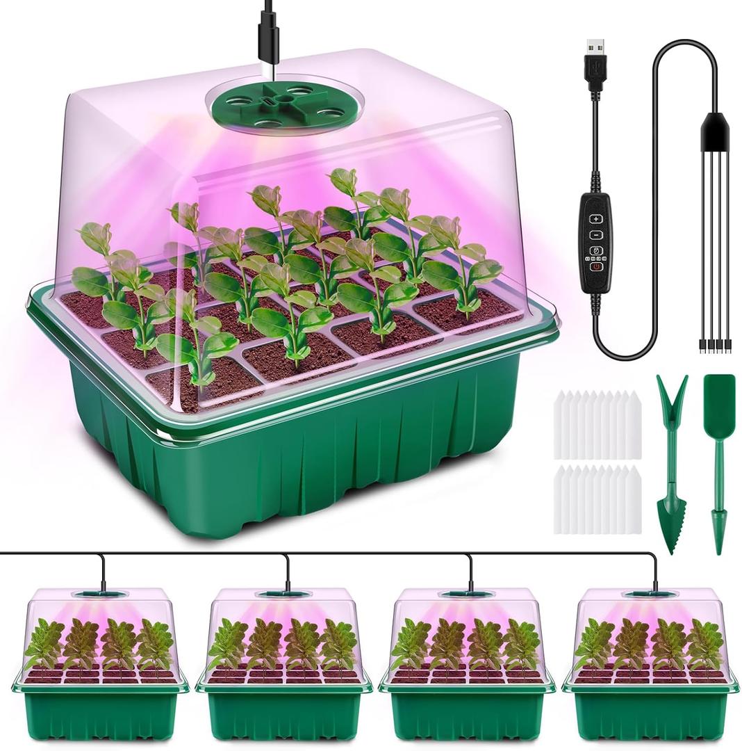 YAUNGEL Seed Starter Tray with Grow Light, 4 Pack Seed Starter Kit with Timing Controller Adjustable Brightness, Thicken Seedling Starter Trays with Humidity Domes Heightened Lids, Gift Box (Green)