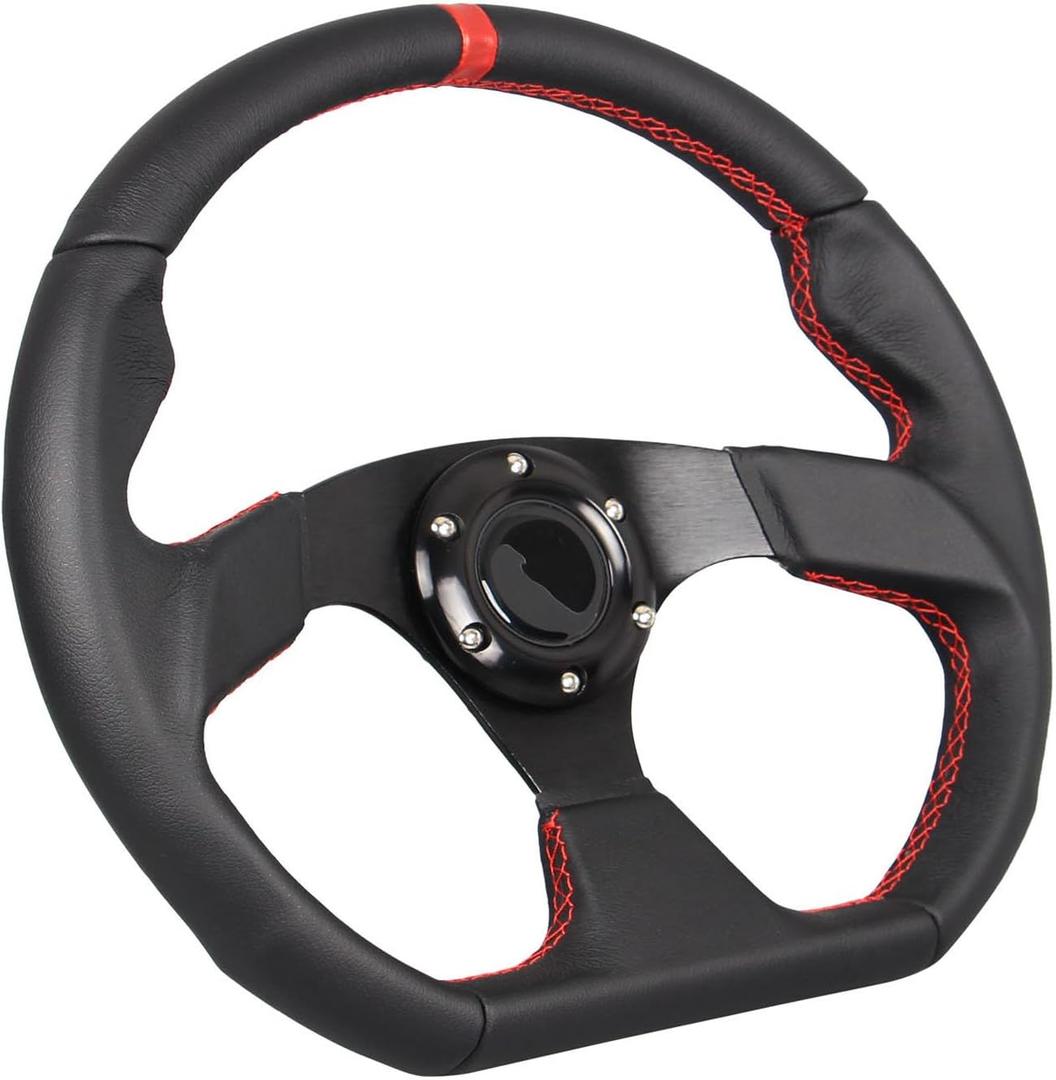 Universal Racing Sports Steering Wheel Red Stripe D Shape 13.8inch 350mm 6 Bolts Black Leather Hand Grip Steering Wheel with Horn Button