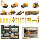 QAPIZM Small Diecast Construction Vehicle Toy Trucks with Play Mat Road Signs, 23 Pcs Mini Forklift Bulldozer Excavator Mixer Dump Truck Roller Helicopter Truck Carrier Birthday Toddler Boys Girl