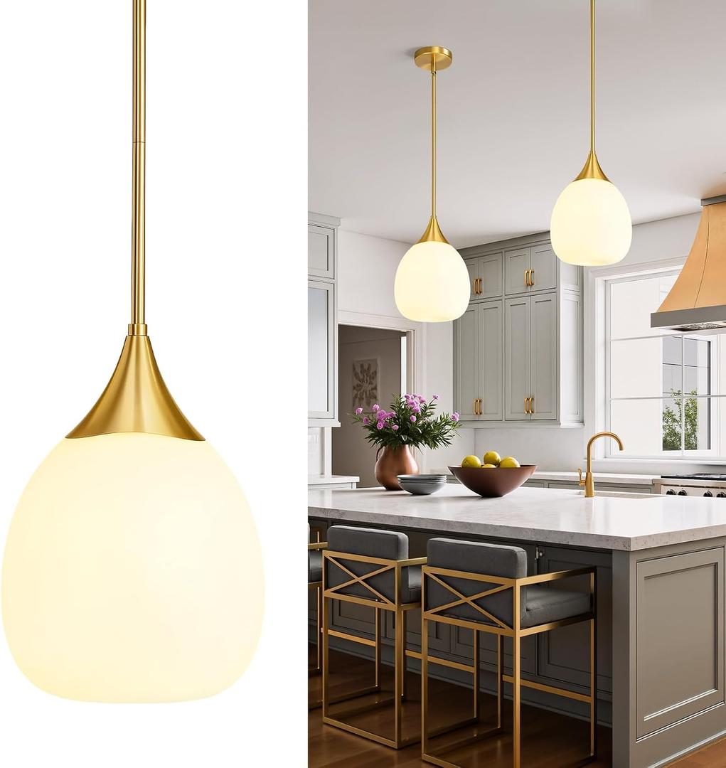 Kitchen Island Pendant Light: Mid Century Brushed Gold Hanging Light Fixtures with Milky Glass Globe - 10 Inch Farmhouse Chandeliers Ceiling Lighting for Dining Room