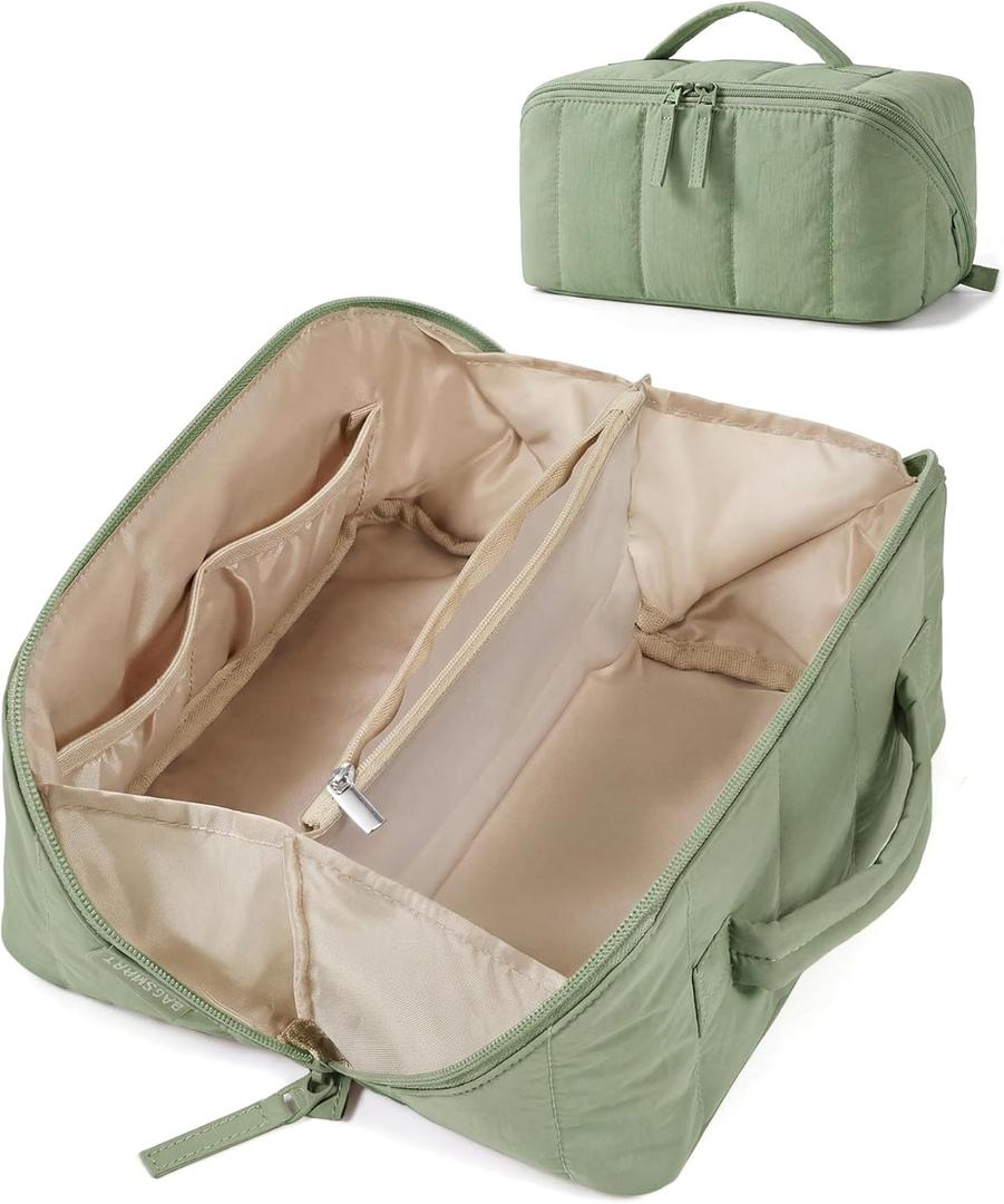 BAGSMART Puffy Travel Makeup Bag Toiletry Bag for Women, Sage Green | Open Flat, Portable, Make Up Organizer, Water-resistant, Puffy Padded, For Toiletries, Brushes