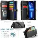 Strapurs Wallet Case Compatible with iPhone 13 Pro Max RFID Blocking 10-Card Holder Soft PU Leather Magnetic Snap Shoulder Strap Zipper Pocket Phone Case Fit for iPhone 13 Pro Max - Black