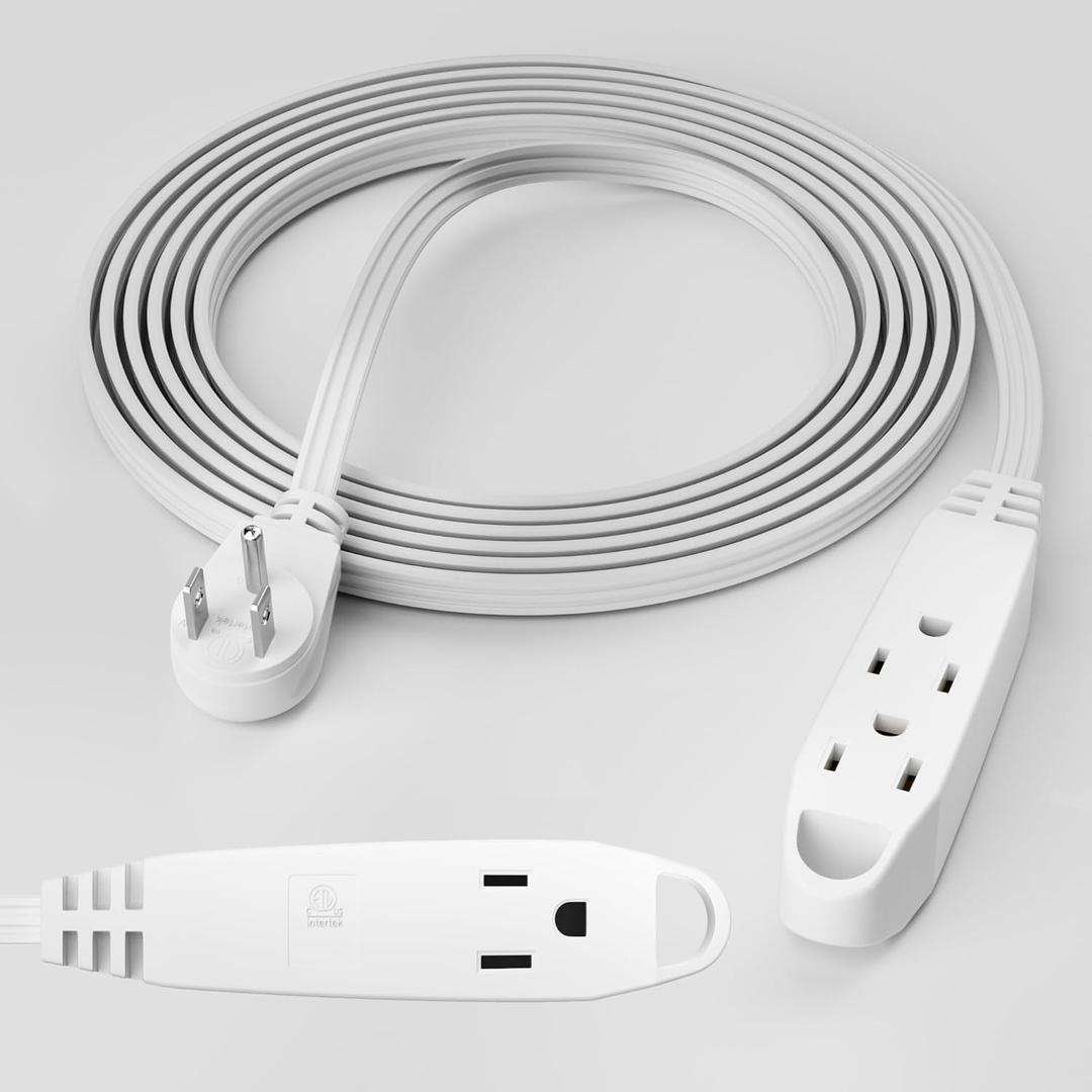3-Outlet Flat Extension Cord 50 FT, 16 Gauge Extension Cord, Flat Plug, Multi Outlet, 3 Prong Angled Plug, SPT-3 Power Strip Indoor Extension Cable, ETL Listed, White