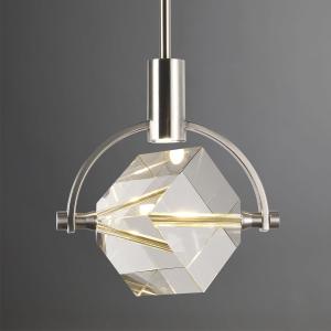 Modern Crystal Pendant Lighting, Brushed Nickel Kitchen Island Pendant Hanging Light Fixture, Cube Crystal Single Light Fixture Dimmable Chandelier for Dining Room, Vanity, Bathroom