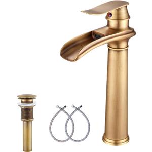 Antique Brass Bathroom Faucet GGStudy Single Handle One Hole Farmhouse Waterfall Bathroom Vessel Sink Faucet Matching with Pop Up Drain