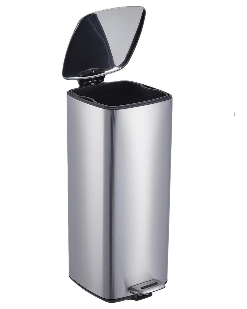 8 Gallon Trash Can, Stainless Steel Kitchen Garbage Can with Soft Close Lid and Removable Plastic Inner Bucket, Step On Metal Trash Bin, Square, Fingerprint Resistant, Silver